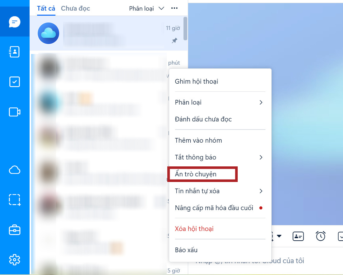 Cách ẩn tin nhắn Zalo: Tại dấu 3 chấm hiển thị → Bạn click vào → Chọn “Ẩn trò chuyện”
