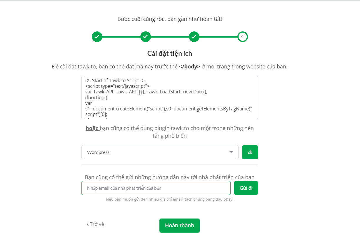 Phần này các bạn tiến hành lưu lại đoạn mã và chọn đúng nền tảng Wordpress 