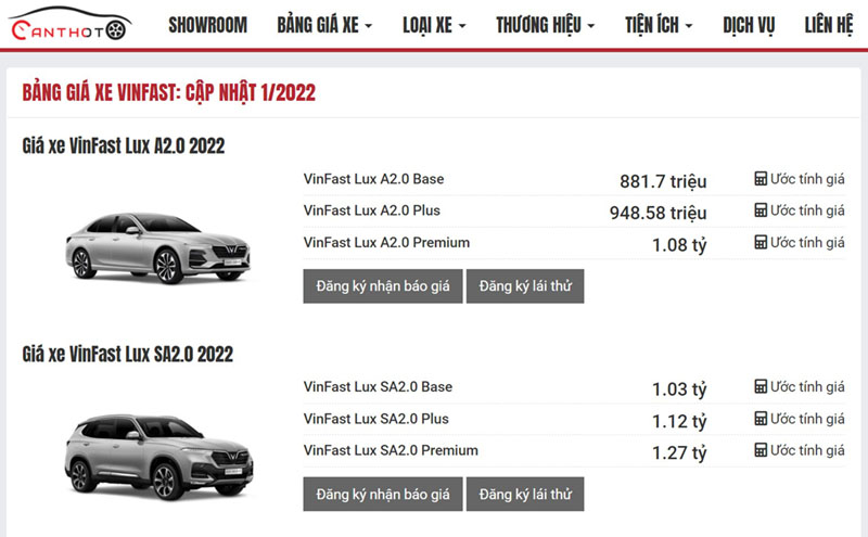 thiet ke web o to trang bang gia